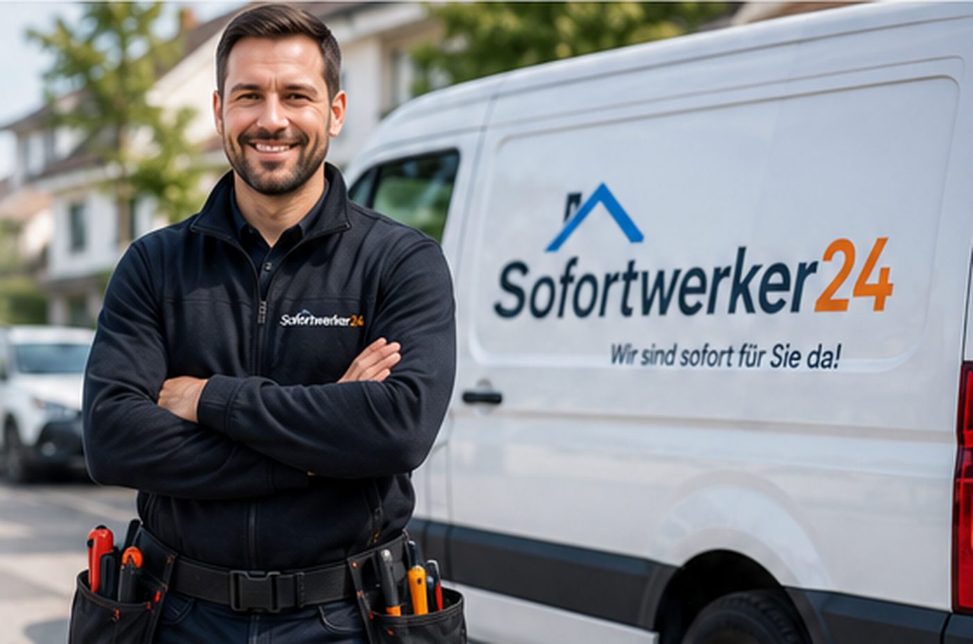 Handwerker vor einem Sofortwerker24-Servicefahrzeug