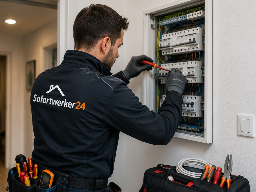Elektriker arbeitet mit isoliertem Werkzeug am offenen Sicherungskasten