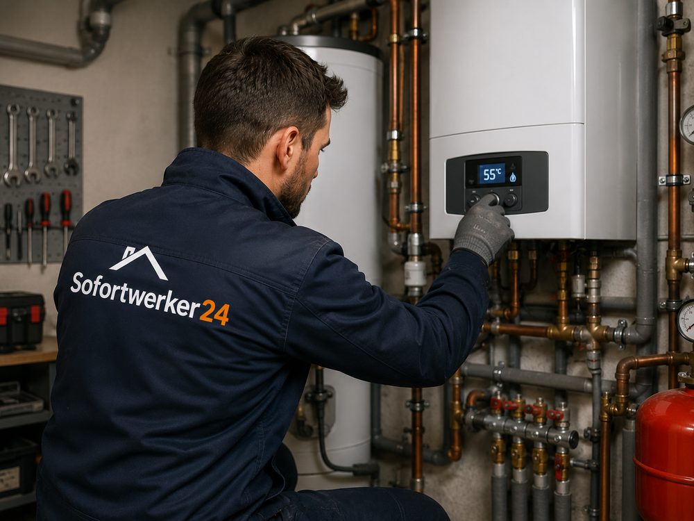 Techniker stellt die Temperatur an einer Gastherme im Heizungskeller ein