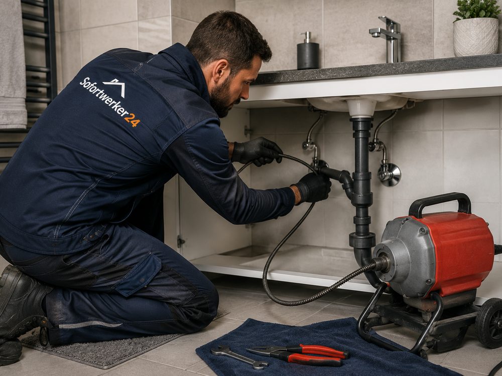 Techniker führt eine Rohrreinigungsspirale in den Abfluss unter einem Waschbecken ein