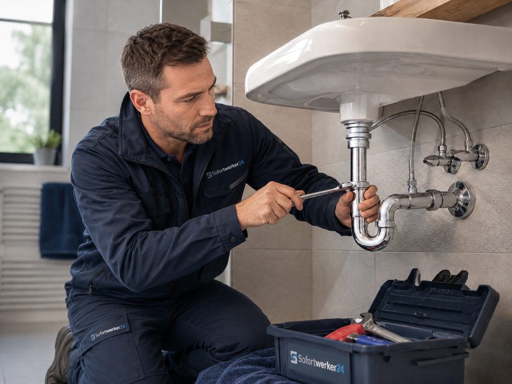 Techniker repariert einen Siphon unter einem Waschbecken