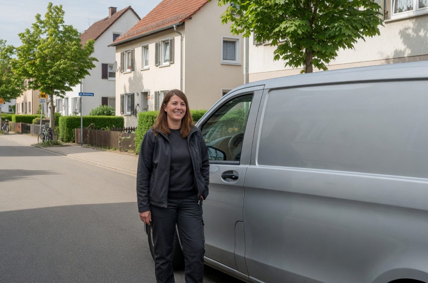 Symbolbild: mobile Fachkraft mit Servicefahrzeug in einer Wohnstraße
