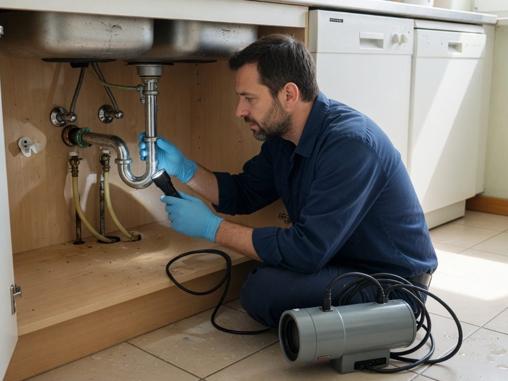 Symbolbild: Handwerker bei Arbeiten am Abfluss