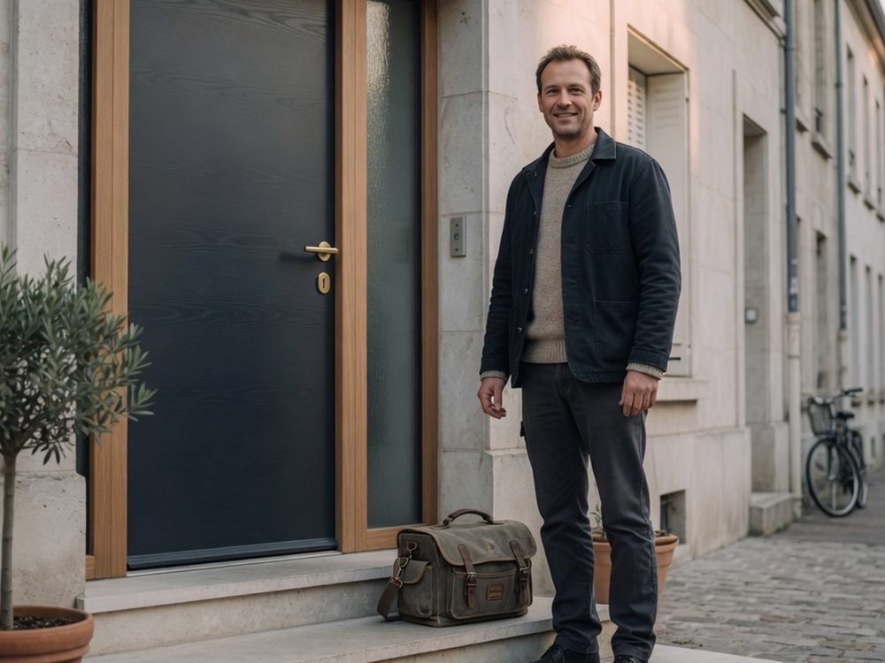 Symbolbild: Schlüsseldienst-Mitarbeiter vor einer Haustür
